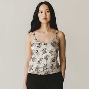 Forever 21 Cream Floral Satin Cami Top Adjustable Straps Size L